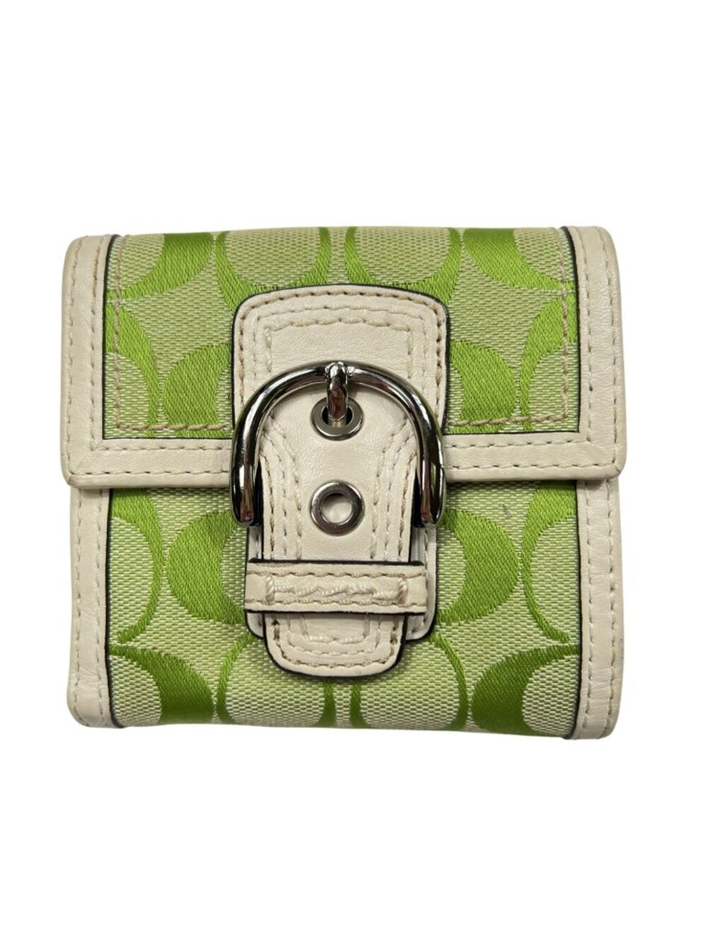 Vintage Y2K Coach Green Signature Fabric & Leather Small Bifold Wallet Buckle